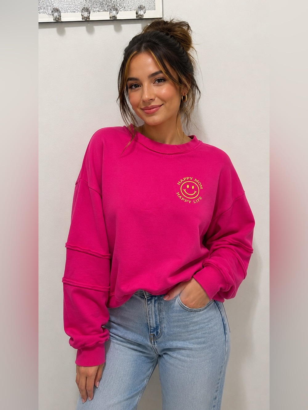 Hot Pink Happy Mom Happy Life Smile Sweatshirt NWT L Cozy Cute